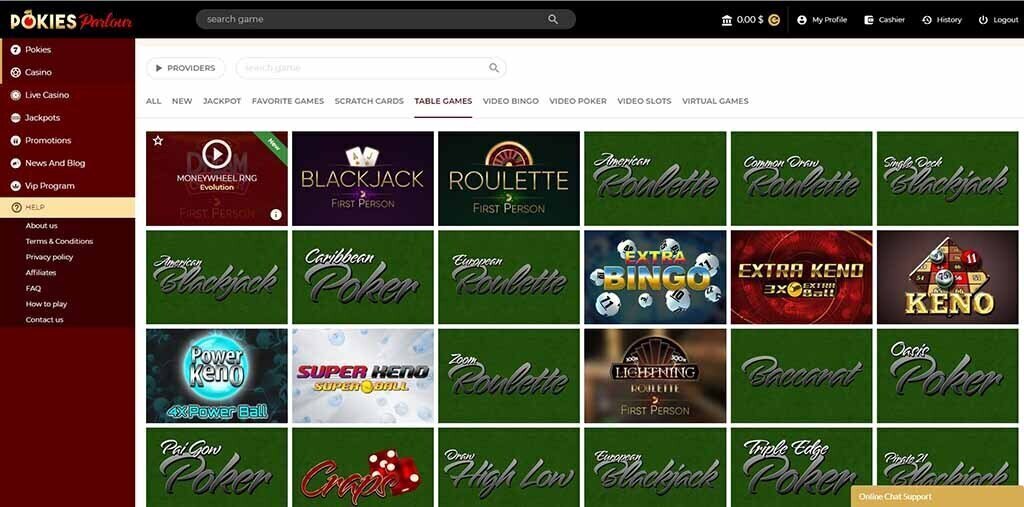 Table games at Pokies Parlour