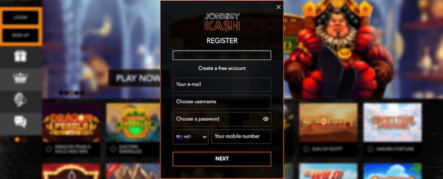 Johnny Kash Casino Sign Up Screenshot