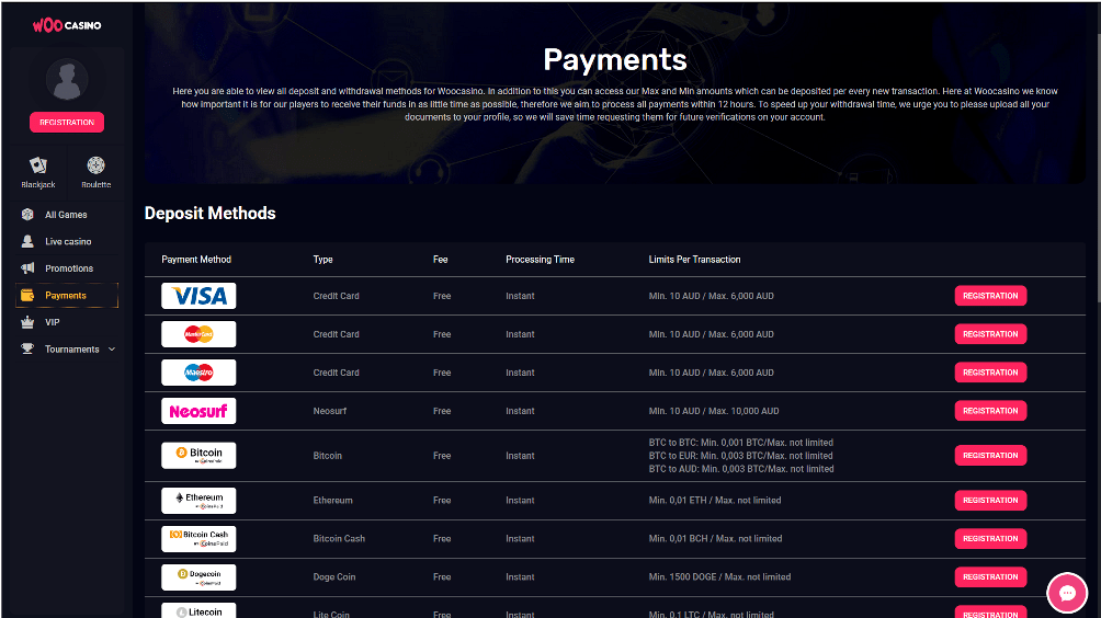 Woo Casino Payments
