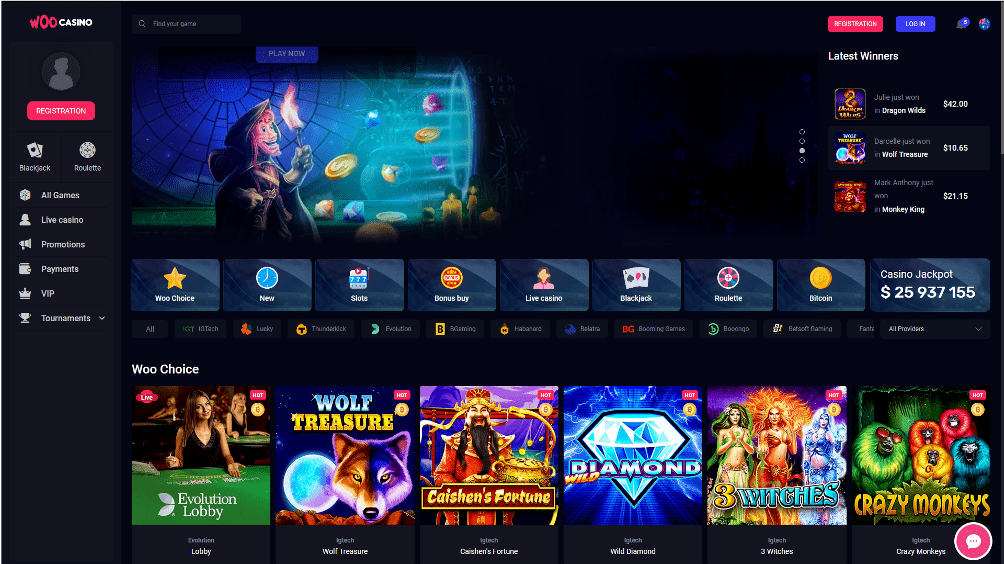 Woo Casino home page with listed games