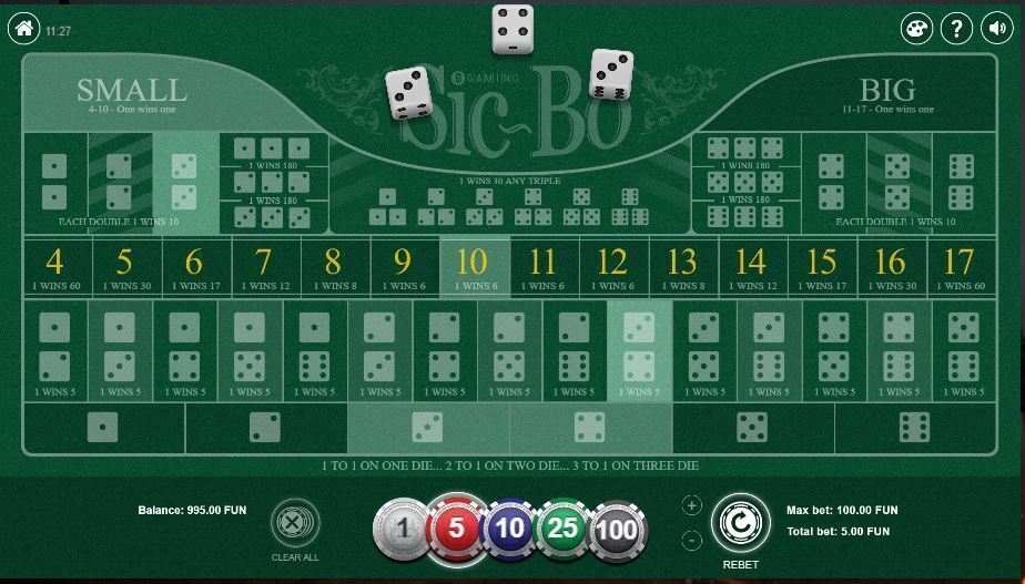 Online Sic Bo board, view from the inside of a game