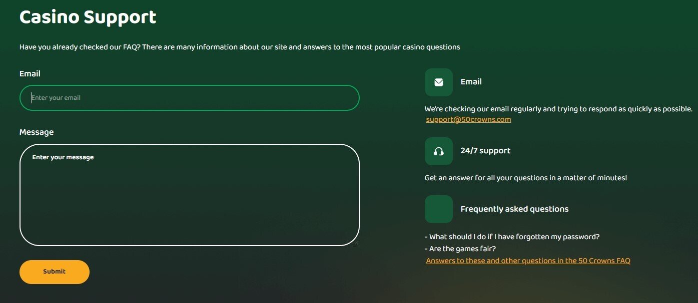 Customer Support at 50 Crowns casino - screenshot of the page