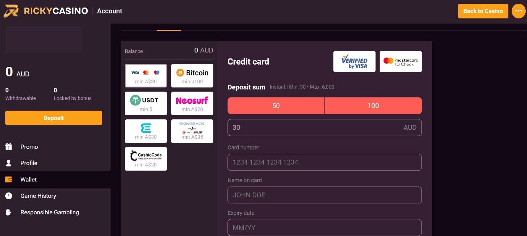Deposit at Ricky Casino