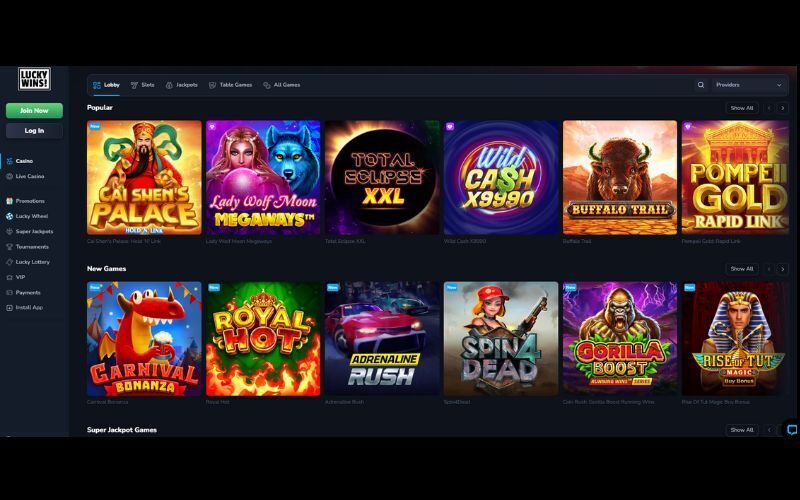 luckywins casino homepage view