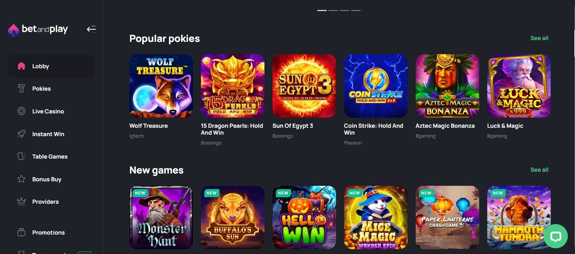 BetandPlay Casino Home page showing pokies titles and top picks