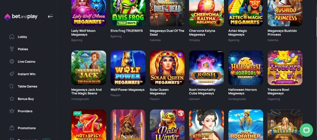 BetandPlay Casino view of the megaways pokies selection