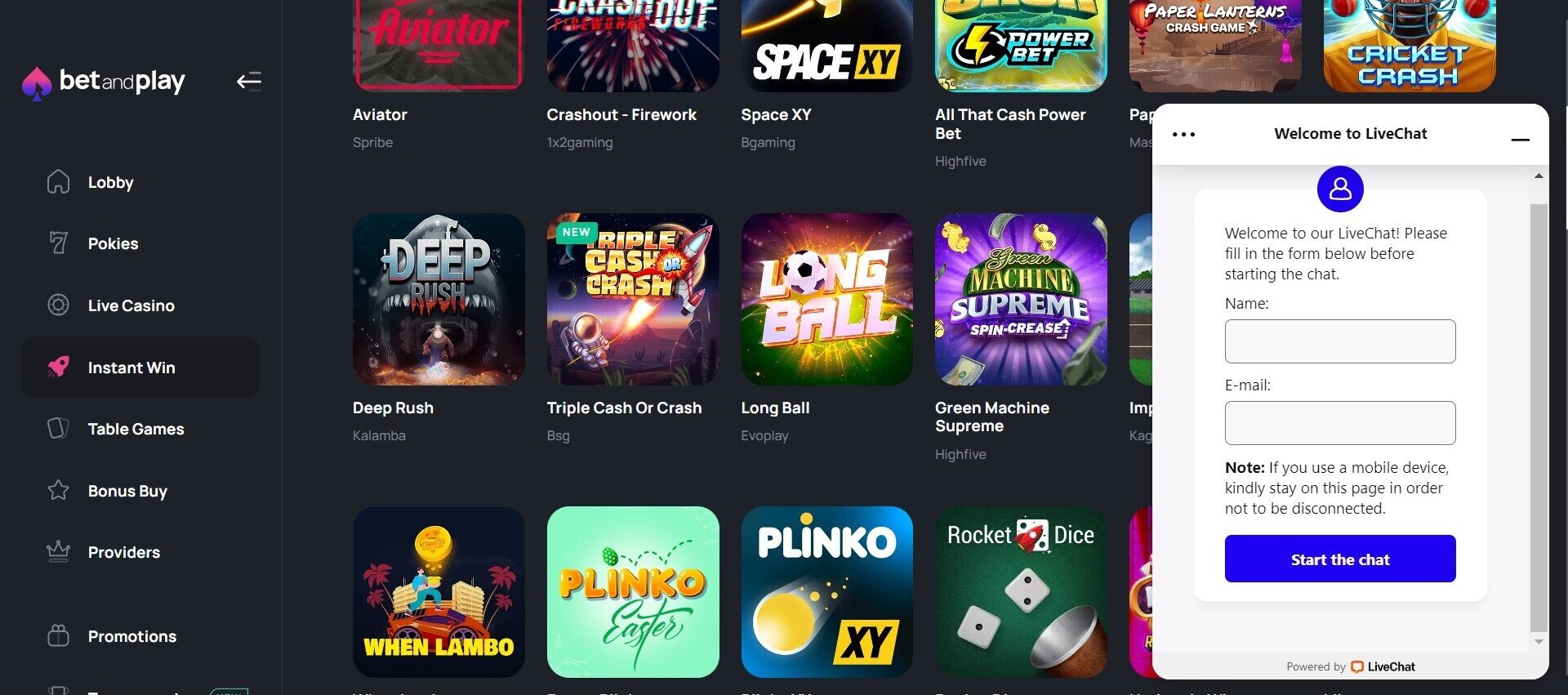 BetandPlay Casino view of the live chat support