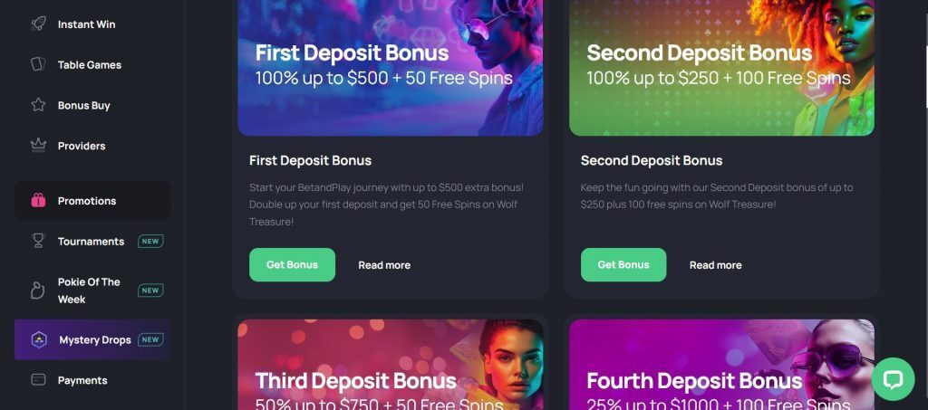 BetandPlay Casino view of welcome bonus package in the promotions section