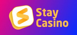 Stay Casino with orange letters and fuchsia and blue background