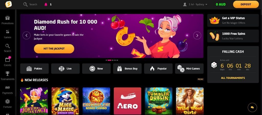Stay Casino Home Page. View of ongoing promotions, games, and main menus.