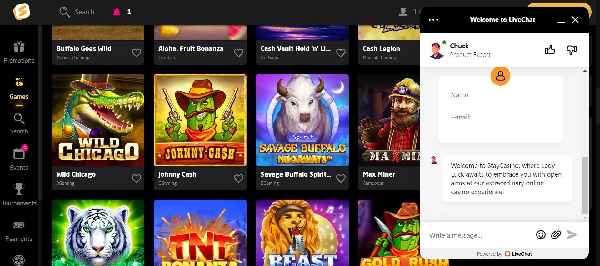 Stay Casino Live Chat Support window