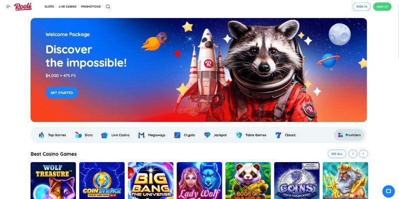 Rooli casino home page view with games and promos