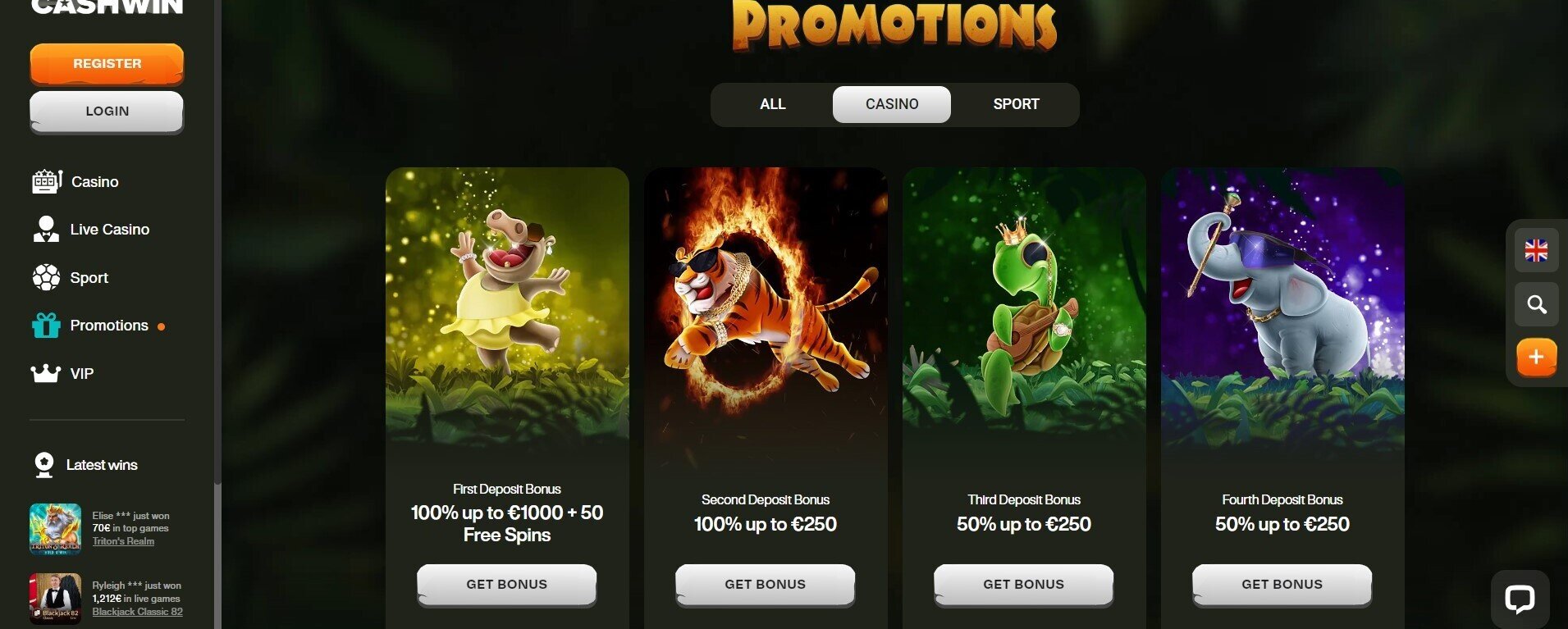 CashWin Casino bonuses details