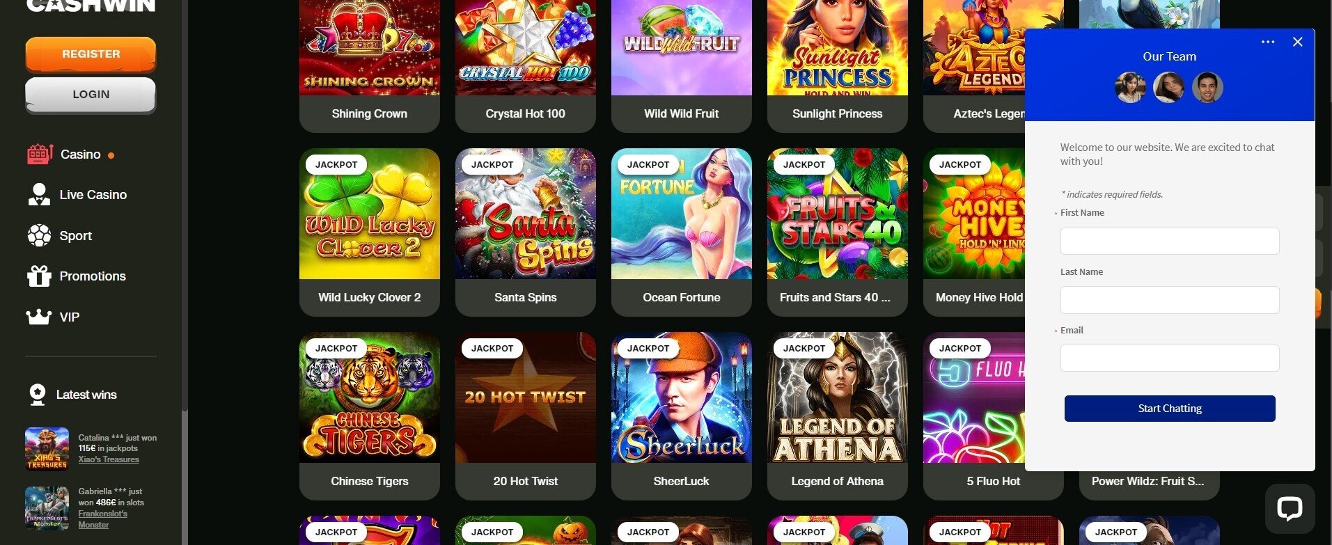 CashWin Casino Live Chat Support