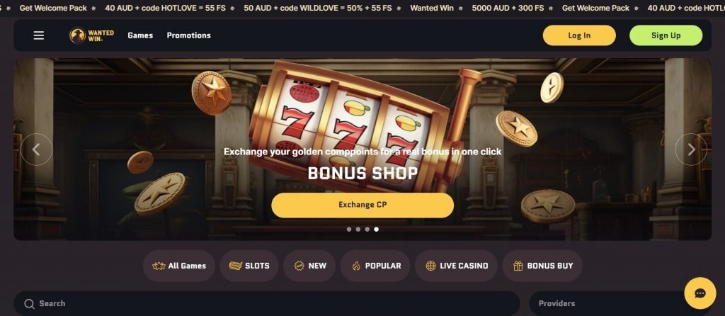 Wanted Win welcome bonus and homepage