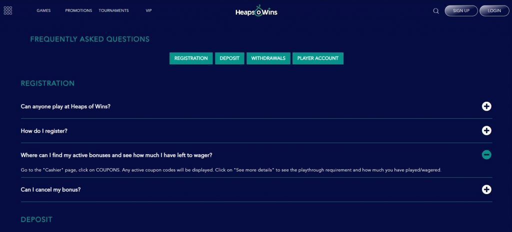 heaps o wins casino FAQ center