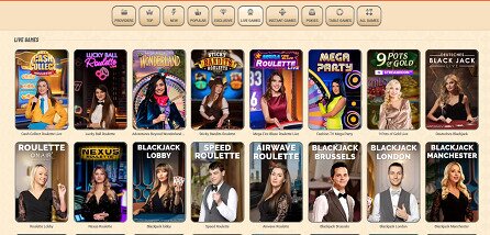 Screenshot of Vegasino live games page